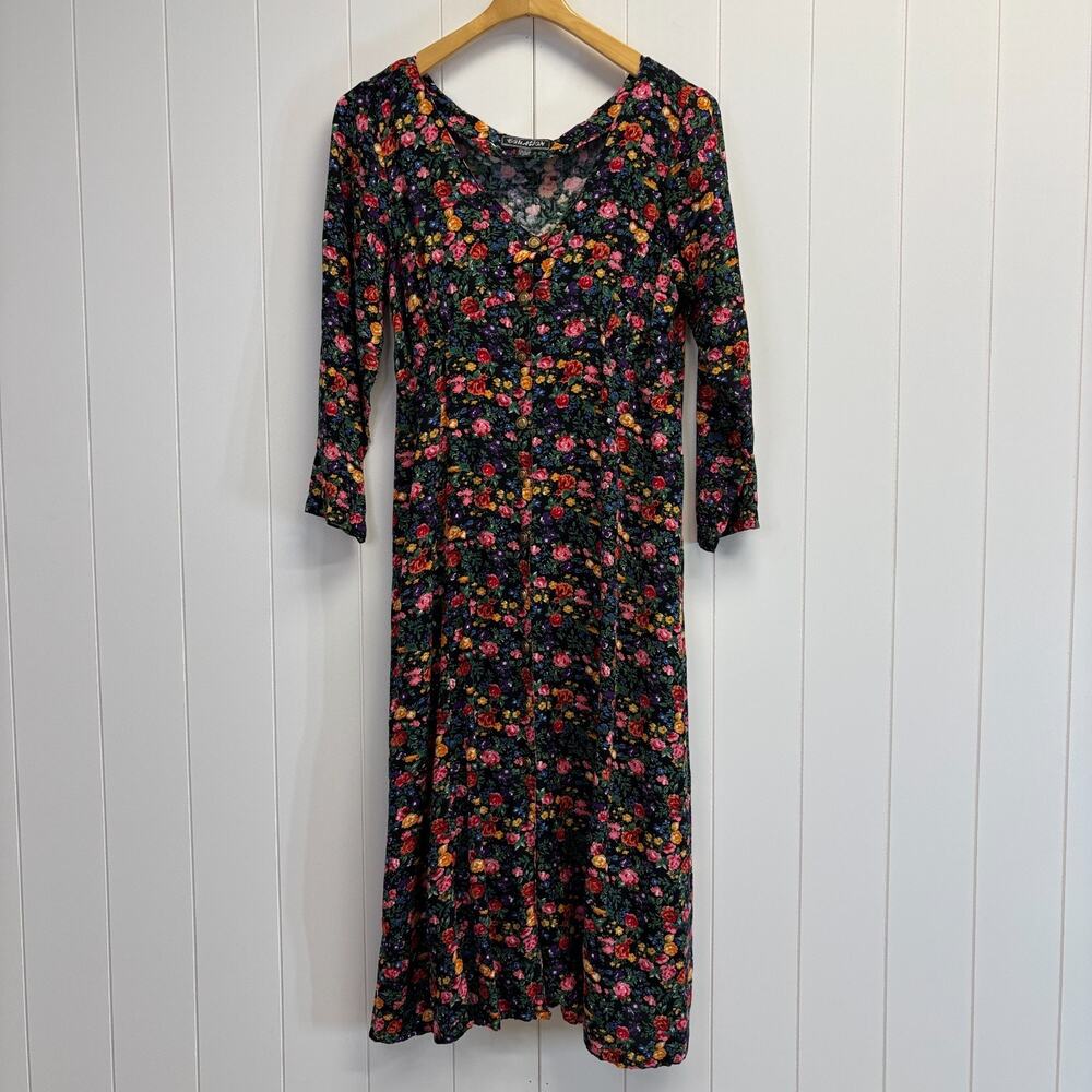 Vintage Equation Women Cottage Floral Midi Dress Size L Prairie Peasant Garden